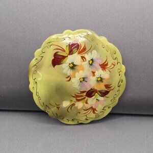 Vintage Hand Painted Russian Lacquer Brooch Wood Signed Scalloped 2"